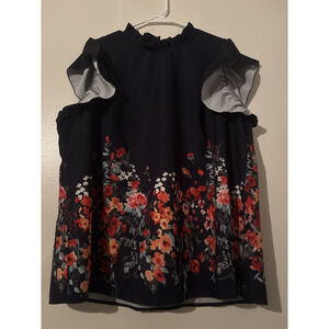 Boho Floral Blouse 1XL Plus Size Navy Blue Red Flowers Ruffle Neck Sleeveless